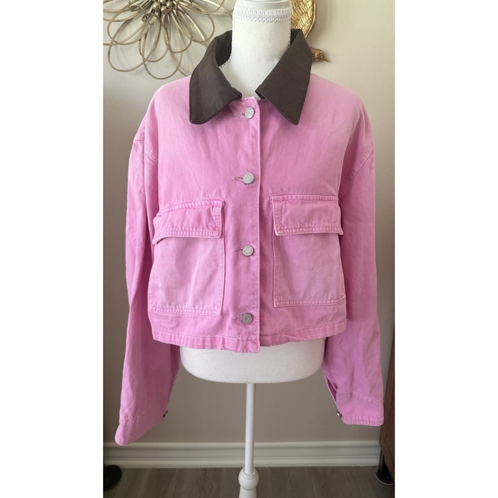 AFRM Tanner Crop Utility Jacket XS Pink Brown Contrast Collar NWT $148